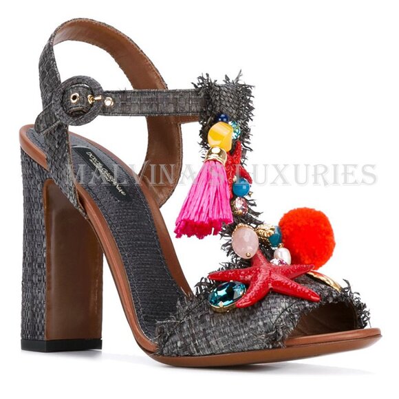 DOLCE & GABBANA SHOES WOVEN RAFFIA SEA SHELL POMPOM SANDALS sz 36.5 6.5 - Picture 1 of 9